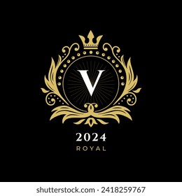 Black Gold White Luxury Royal Crown Logo, with letter v