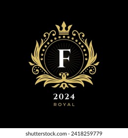 Black Gold White Luxury Royal Crown Logo, with letter f