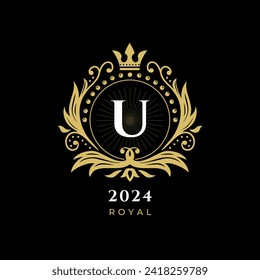 Black Gold White Luxury Royal Crown Logo, with letter u