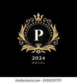 Black Gold White Luxury Royal Crown Logo, with letter p