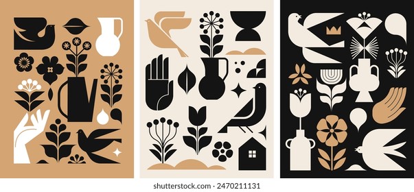 Black, gold and white modern symbolist design. minimalist black illustrations in modern Nordic style. Vector Linocut, lino print concept art. Printable wall decor, cards, apparel designs