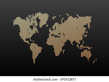 Black and Gold World Map Design. Vintage Hatched World Map with Lines. Travel Vector Illustration.