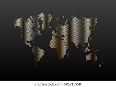 Black and Gold World Map Design. Vintage Hatched World Map with Lines. Travel Vector Illustration.