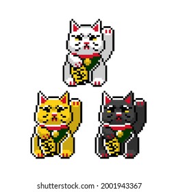 Black Gold Yellow White Japanese Lucky Cat Maneki Neko Beckoning Good Luck Figurine Bobtail Set 8bit Pixel Art