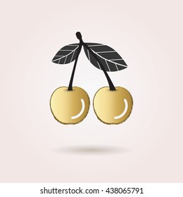 Black and golden abstract cherry icon with dropped shadow on pink gradient background