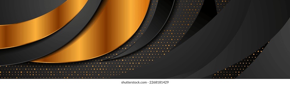 Black golden abstract corporate wavy background with shiny dots. Vector banner design
