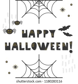 Black and golden abstract cute Happy Halloween greeting card with bats, spiders and web on white background