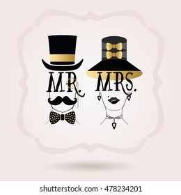 Black and golden abstract elegant Mr. Male & Mrs. Female icons on pink gradient background