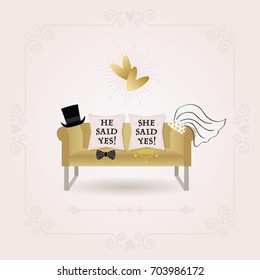 Black and golden abstract He Said Yes and She Said Yes pillow messages wedding card on pink gradient background