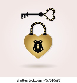 Black and golden abstract heart shape padlock and a key icons on pink gradient background