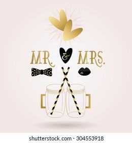 Black and golden abstract Mr. & Mrs. mug jars, straw, and hearts icons with dropped shadow on pink gradient background