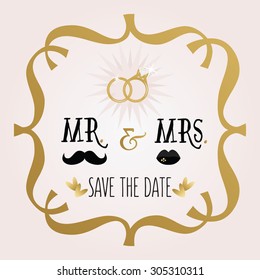 Black and golden abstract Mr. & Mrs. Save The Date wedding card with rings and frame emblem on pink gradient background