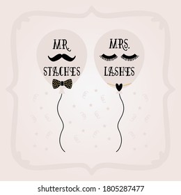 Black And Golden Abstract Mrs. Lashes And Mr. Staches Balloons And Frame Wedding Card On Pink Gradient Background