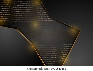 Black and golden abstract tech geometric background. Luxury glitter dots corporate vector design