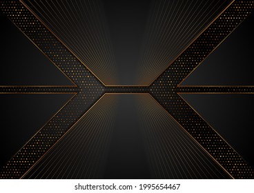 Fundo geométrico de tecnologia abstrata preto e dourado. Luxo glitter pontos projeto de vetor corporativo