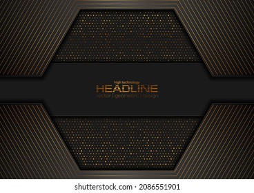 Black and golden abstract tech geometric background with hexagon. Luxury glitter dots concept vector design