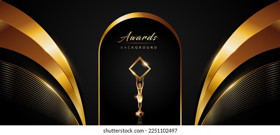 Hintergrund des Black and Golden Award. Elegantes Design für Premium-Vorlagen. Einladungskarte Hochzeit. Einladung zur Engagement-Zeremonie. Eckseitige Gestaltung mit schönem Hintergrund. Bogenschießen im Zentrum anzeigen.