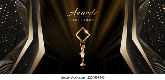 Black and Golden Award Background. Luxury Graphics with golden line elements and light ray effect decoration and bokeh.