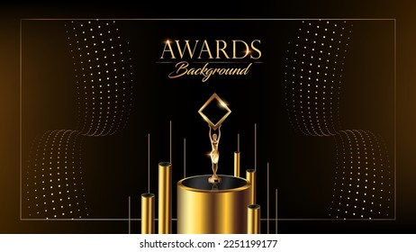 Black Golden Awards Background. Product Display on podium with trophy. Side Corner Dotted Wave. Luxury Background. Modern Abstract Template Design. Fashion World Graphics. Disco Retro Style Look. 