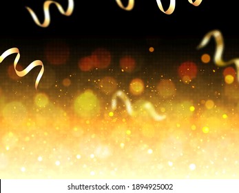 Black and Golden Bokeh Light Effect Background with Confetti Ribbon.