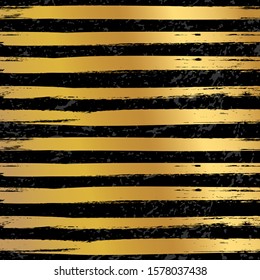 Black and golden brush stroke seamless pattern with horizontal lines. Vector background