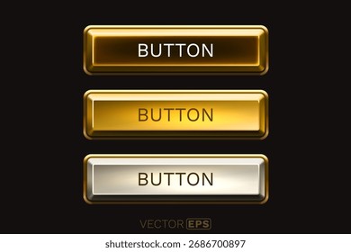 Conjunto de Botón dorado negro, tres estados del Botón, presionados, liberados, flotando. Ilustración vectorial