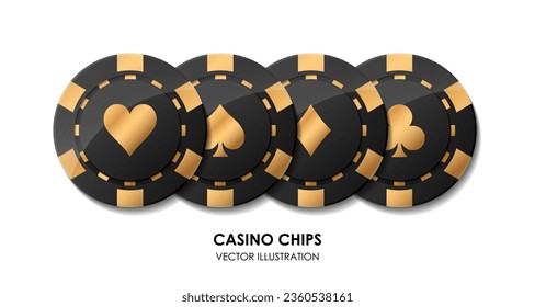 Black and golden casino poker chips. Collection of diamonds, hearts, clubs, spades tokens. Money, game, gambling. Private club. Raise bet. Try luck. Luxury entertainment. Vector illustration
