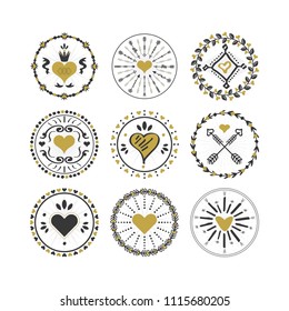 Black and golden circle hearts emblems and stamps set on white background