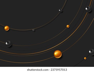 Black golden circular lines and glossy balls abstract retro background. Vector design