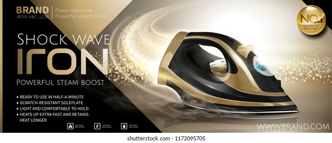 Black and golden color iron with glittering comet tail effect in 3d illustration, appliance ads