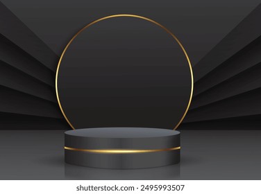 Black and golden color podium design. Abstract product display background design. Luxury black color product mockup design. Golden color product showcase template. Studio background template