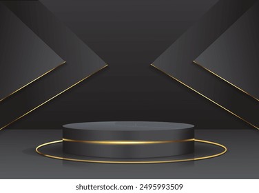 Black and golden color podium design. Abstract product display background design. Luxury black color product mockup design. Golden color product showcase template. Studio background template