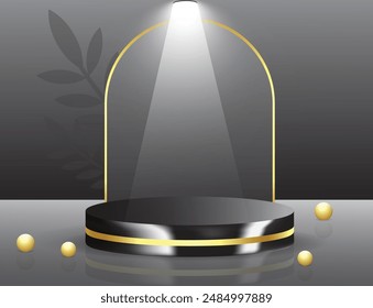 Black and golden color Product showcases background art. Abstract podium design. Circle shapes. Realistic luxury color product podium design on a black background. Pearl Vector Art