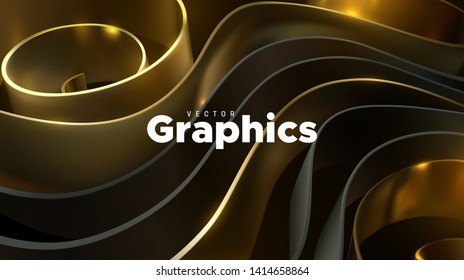 Black and golden curly ribbons. Vector 3d illustration. Quilling paper craft. Abstract background. Graphics for business presentation or web design. Trendy cover template