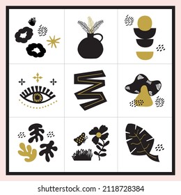 Black and golden cute abstract random design elements icons set wall frame on white background