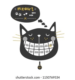 Black and golden cute laughing orthodontics black cat icons with collar bell and speech bubble on white background