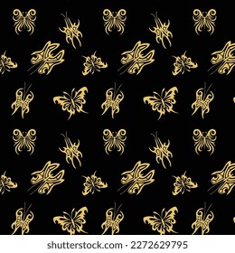 fondo negro de damasco dorado arte mariposa textil diseño de patrones sin fisuras