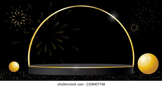 Black and golden display marketing with podium for sale products with fireworks background.