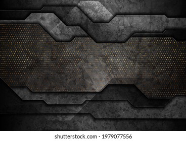 Black and golden dots abstract tech geometric grunge background. Luxury glitter vector design