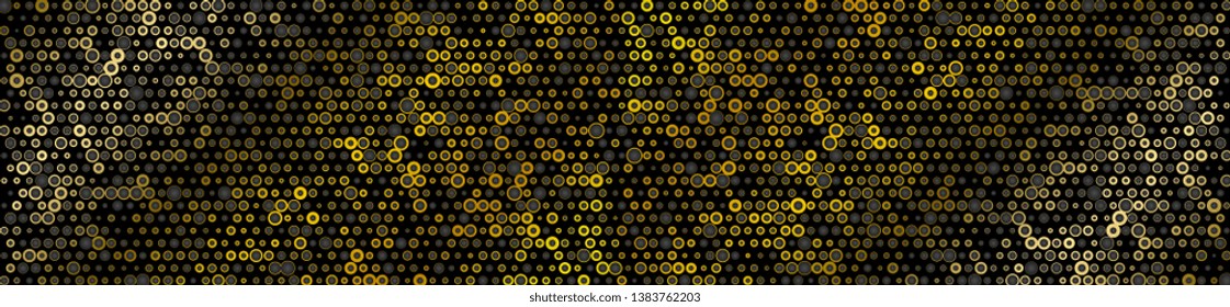 Black and golden dots circles abstract header background. Mosaic vector design