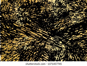 Black and golden dynamical grunge abstract background in cosmic style. Vector illustration. 