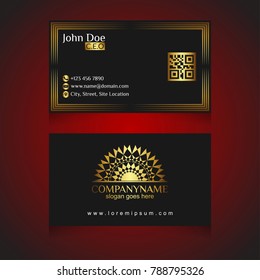 Black and Golden Elegant Abstract Business Card on Dark Red Background with QR Code and Abstract Mandala Logo