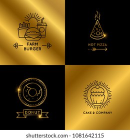 Black and golden fast food restaurant and cafe vector logo in linear style illustration