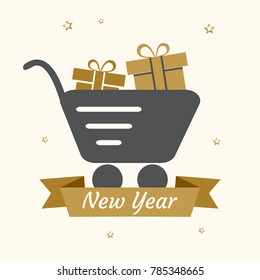 Black and golden festive card. Trolley with gifts and ribbon. White inscription New Year. Vector illustration