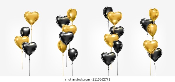 Bolsa de globos de aluminio negro y dorado. Conjunto de composiciones de globos de aire con forma de corazón vectorial. Elementos decorativos de San Valentín o fiesta de cumpleaños.