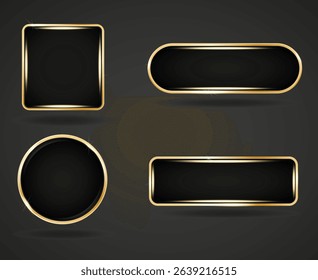Black golden frame website button set. Circle square glossy frame