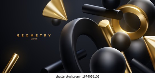 Black and golden geometric shapes backdrop. Abstract elegant background. Vector 3d illustration. Flowing geometry primitives composition. Banner or sign design