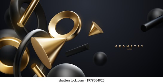 Black and golden geometric shapes backdrop. Abstract elegant background. Vector 3d illustration. Flowing geometry primitives composition. Banner or sign design