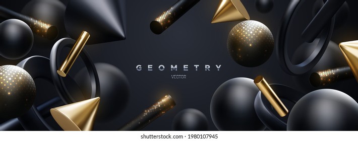 Black and golden geometric shapes backdrop. Abstract luxury background. Vector 3d illustration. Flowing geometry primitives with shimmering glitters. Banner or sign design