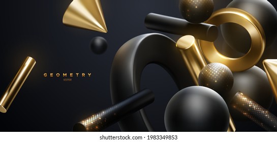 Black and golden geometric shapes backdrop. Abstract luxury background. Vector 3d illustration. Flowing geometry primitives with shimmering glitters. Banner or sign design. Modern cover template